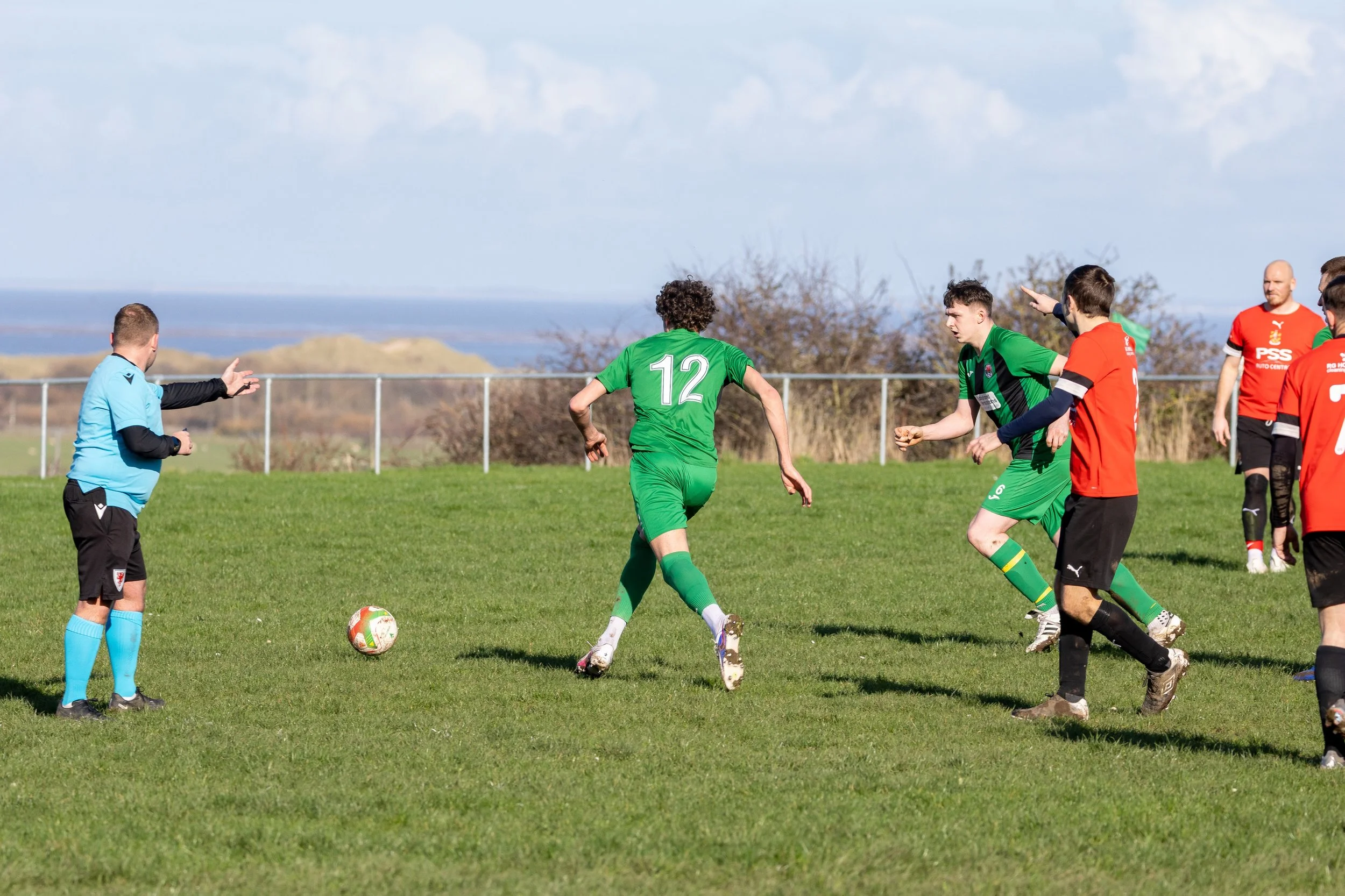 Soccer players and referee on a grassy field during a game, with some players in red uniforms and others in green, and a scenic landscape in the background.