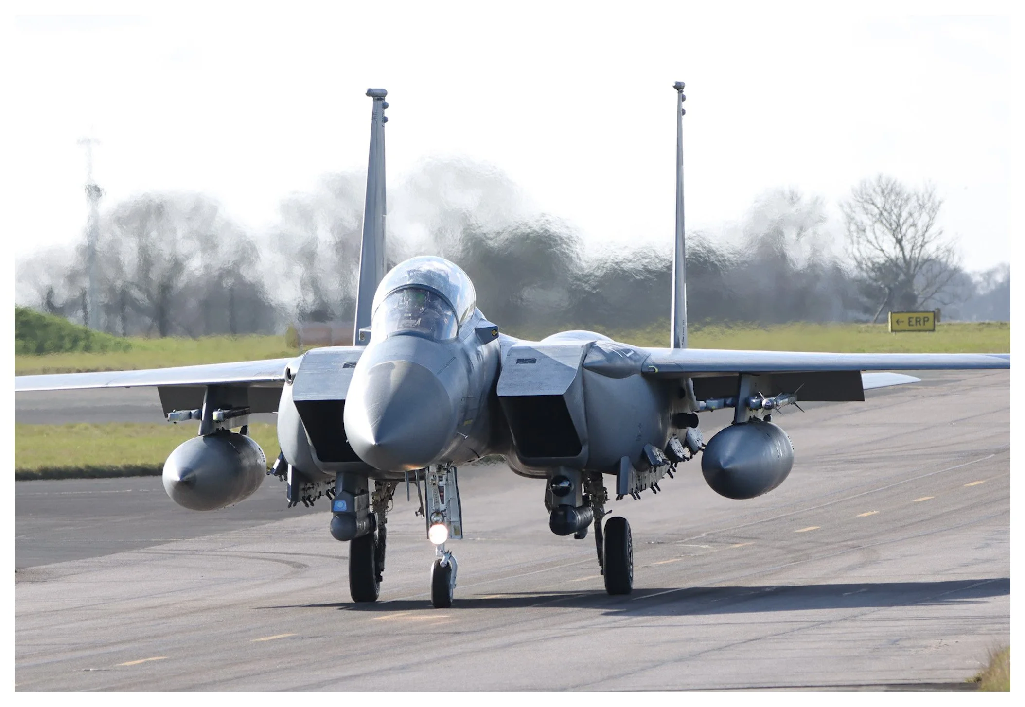 Fighter jet on runway with trees and a sign reading 'ERP' in background.