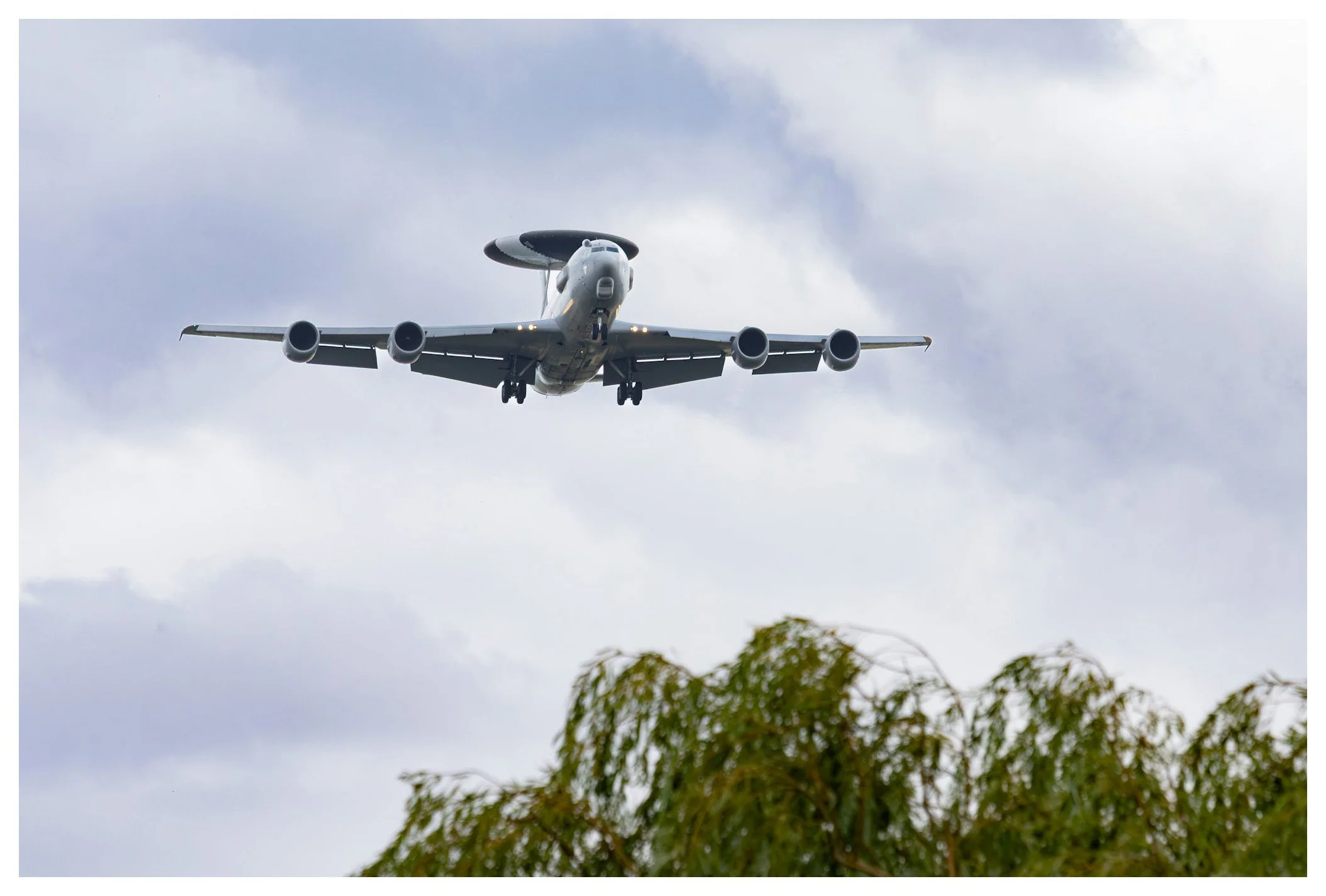 An airplane flying in the sky above trees with cloudy weather.