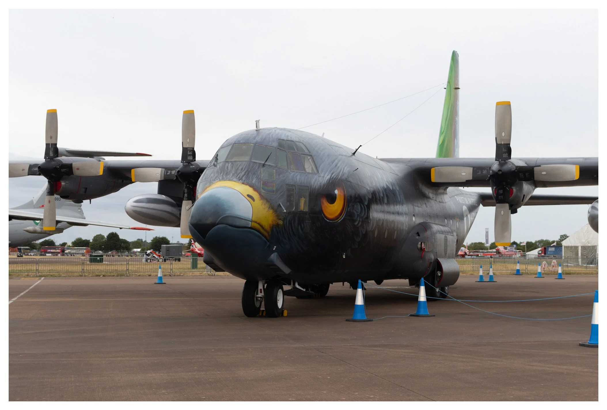 Military aircraft with a painted eagle face design on its nose, displayed on the tarmac at an airshow, surrounded by blue and white cones.