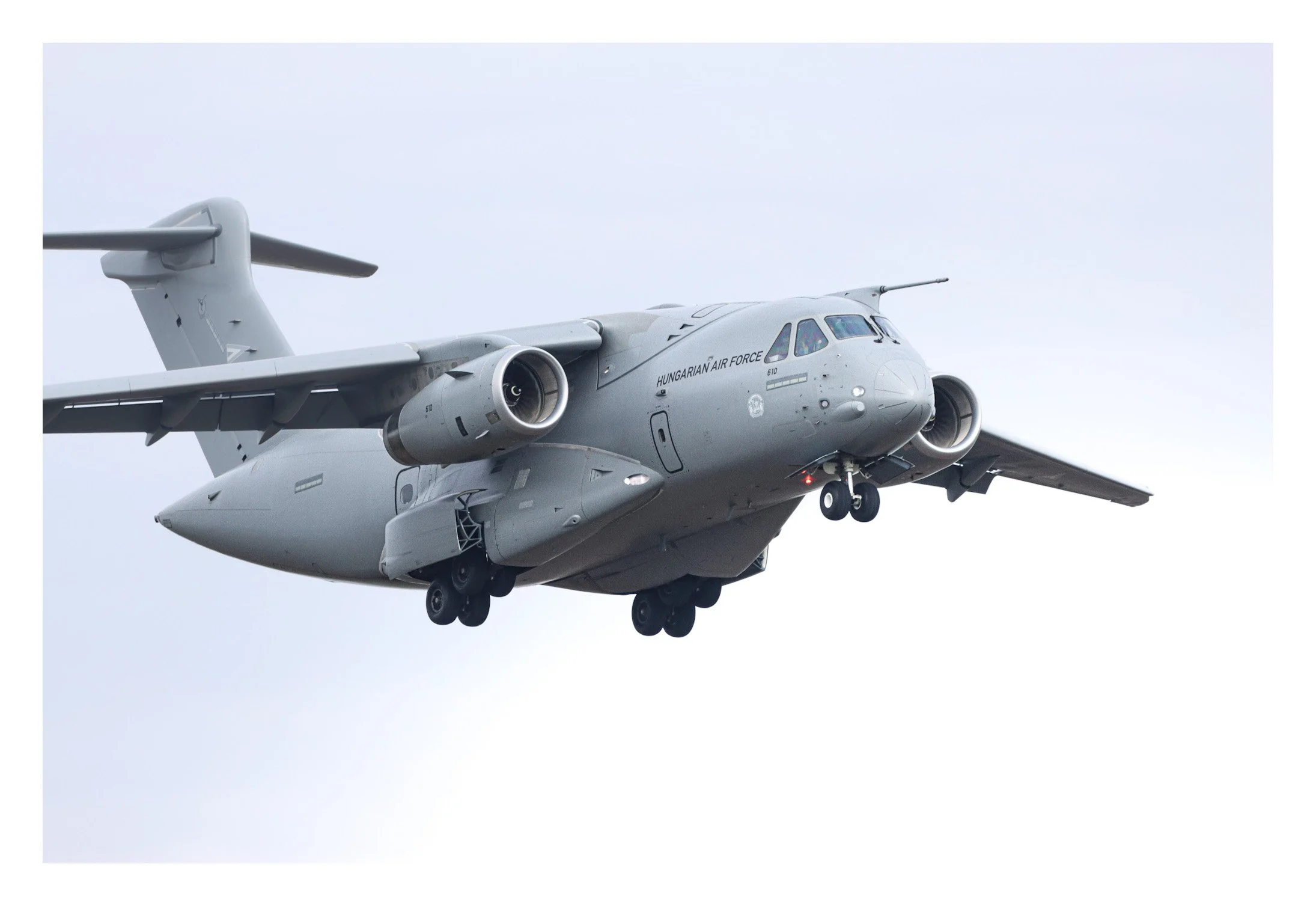 Grey military transport airplane with 