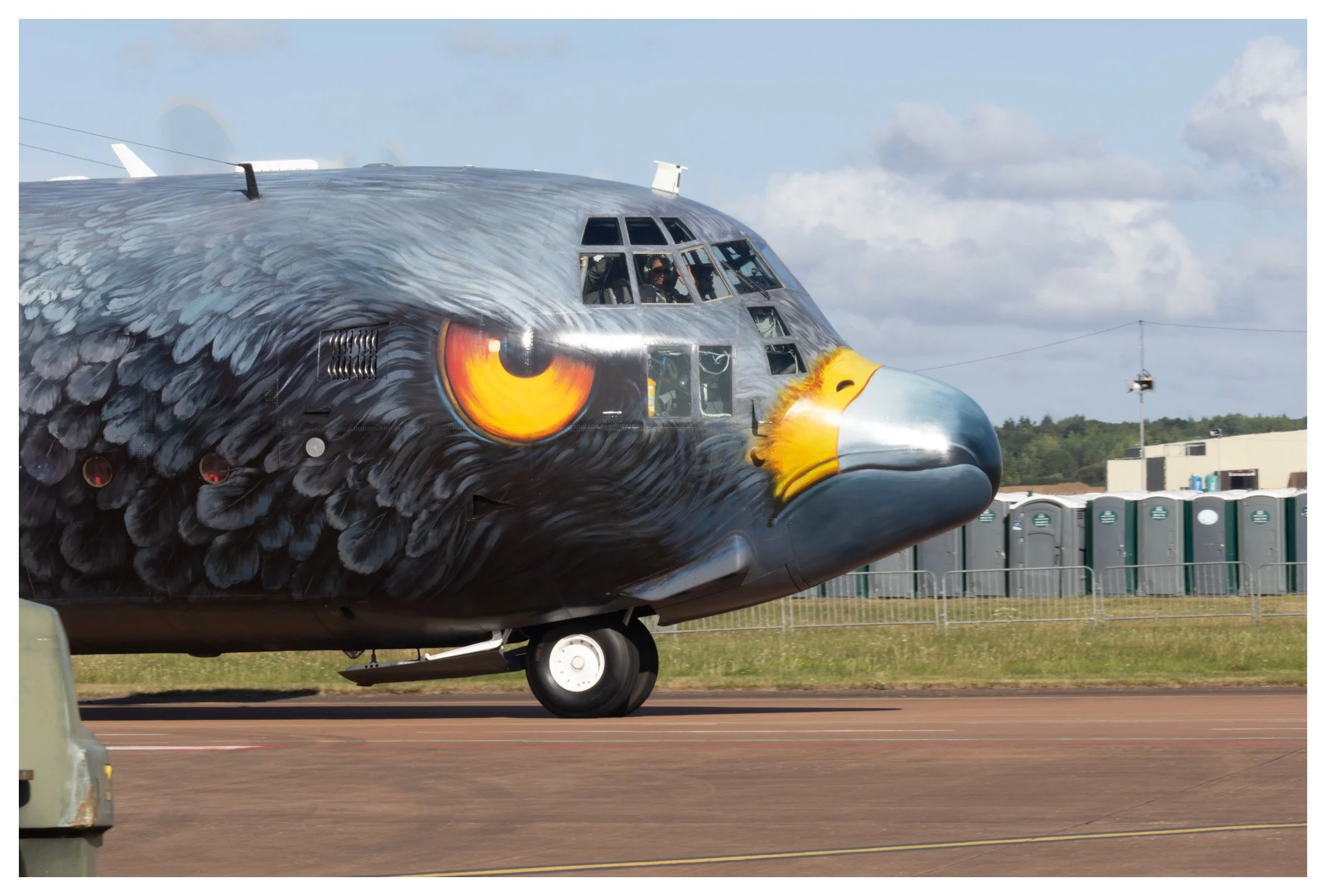 Close-up of an aircraft with a detailed eagle face paint, featuring a sharp yellow and black beak and piercing orange eye, parked on the tarmac under a partly cloudy sky.