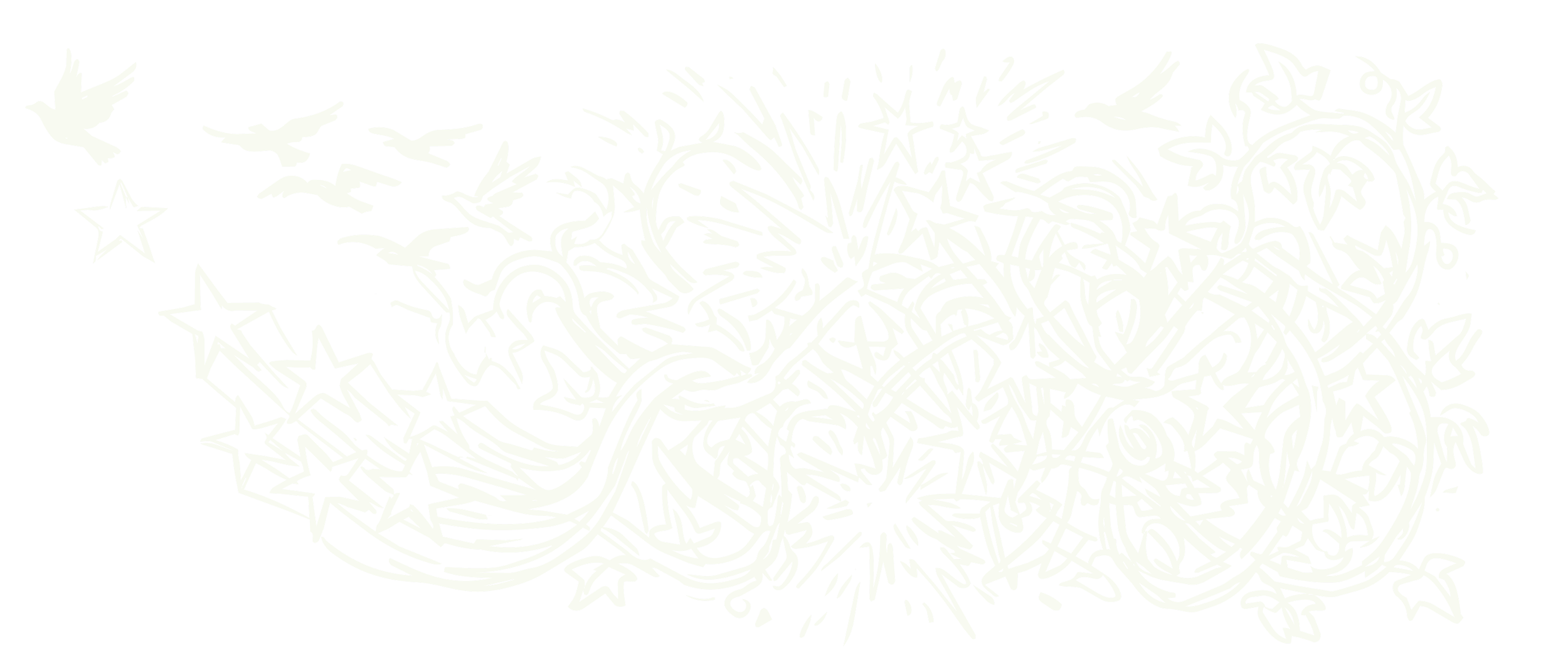 Eine abstrakte Zeichnung mit einer schwarzen Hintergrund, bestehend aus grünen Linien, Sternen, Vögeln und Blumenmustern, die kreative und künstlerische Gestaltung zeigt.