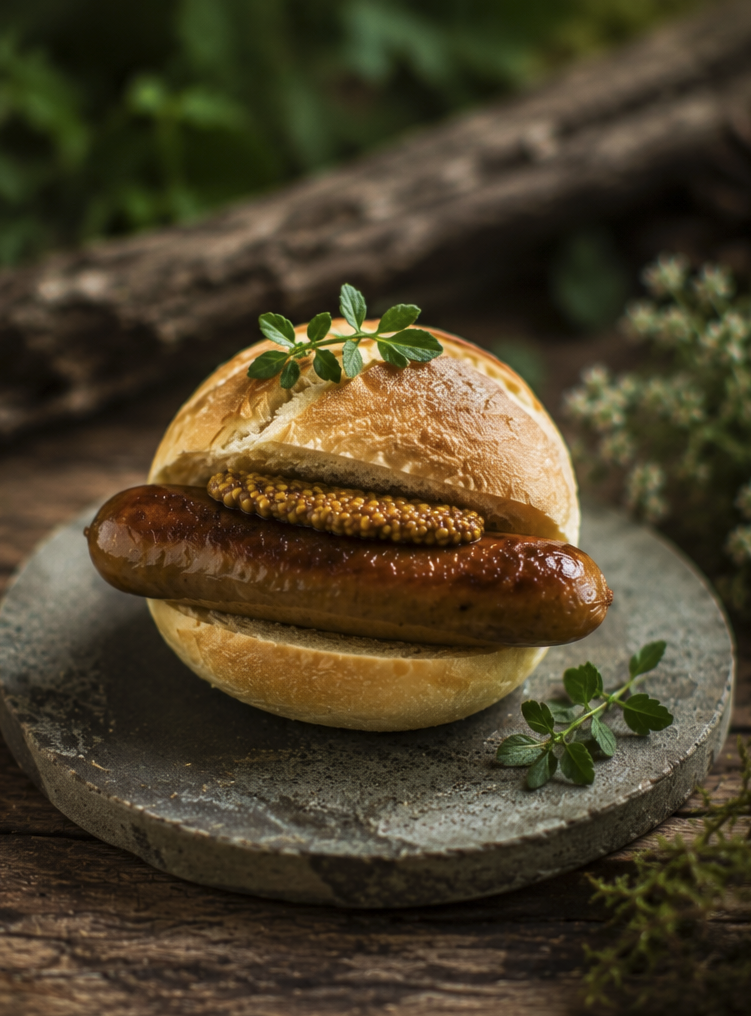 Würstchen mit Senf in einem Brötchen, garniert mit frischen Kräutern auf einem runden Steinuntergrund, im Hintergrund Natur
