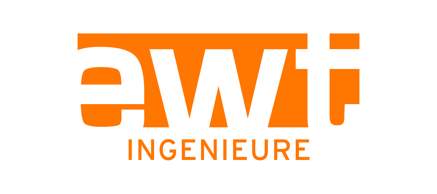Logo des Unternehmens aWi Ingenieure mit orange und schwarzer Schrift, das Wort aWi groß geschrieben, darunter Ingenieure in kleiner Schrift.