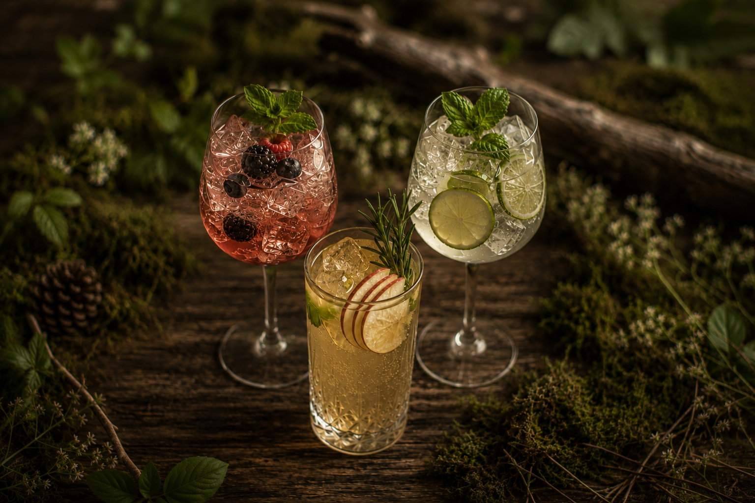 Drei Gläser mit aromatisierten Getränken, eines mit roten Beeren, eines mit Zitronenscheiben, Minzblättern und Eis, eines mit Gurkenscheiben, Zitronen und Eis, alle auf einem holzigen Untergrund mit grünen Pflanzen und Moos