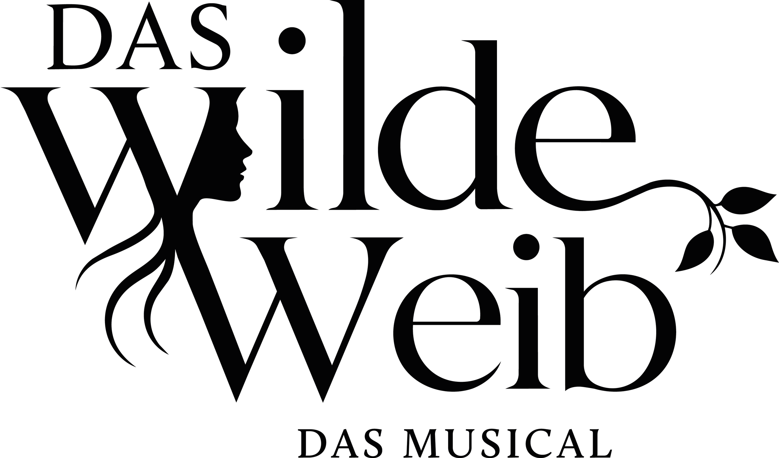 Schwarzes Bild mit Text in deutscher Sprache, der auf ein Musical namens 'Das ewige Licht' hinweist. Das Logo von Das Wilde Weib – Das Musical 2027 LIVE in Birstein