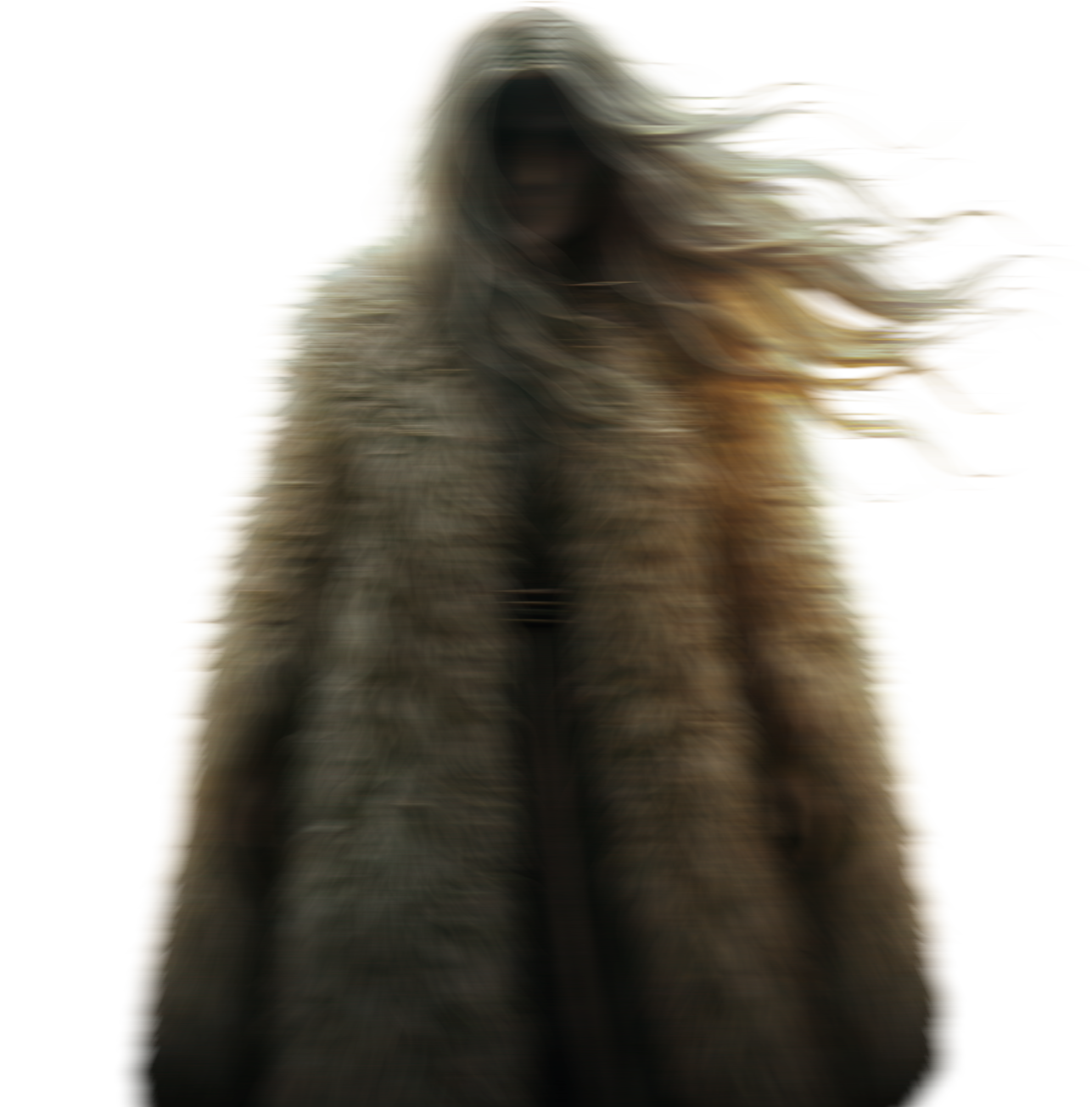 Eine Person mit langem, wallendem, grauem Haar in dunkler Kleidung, die vor einem schwarzen Hintergrund steht.