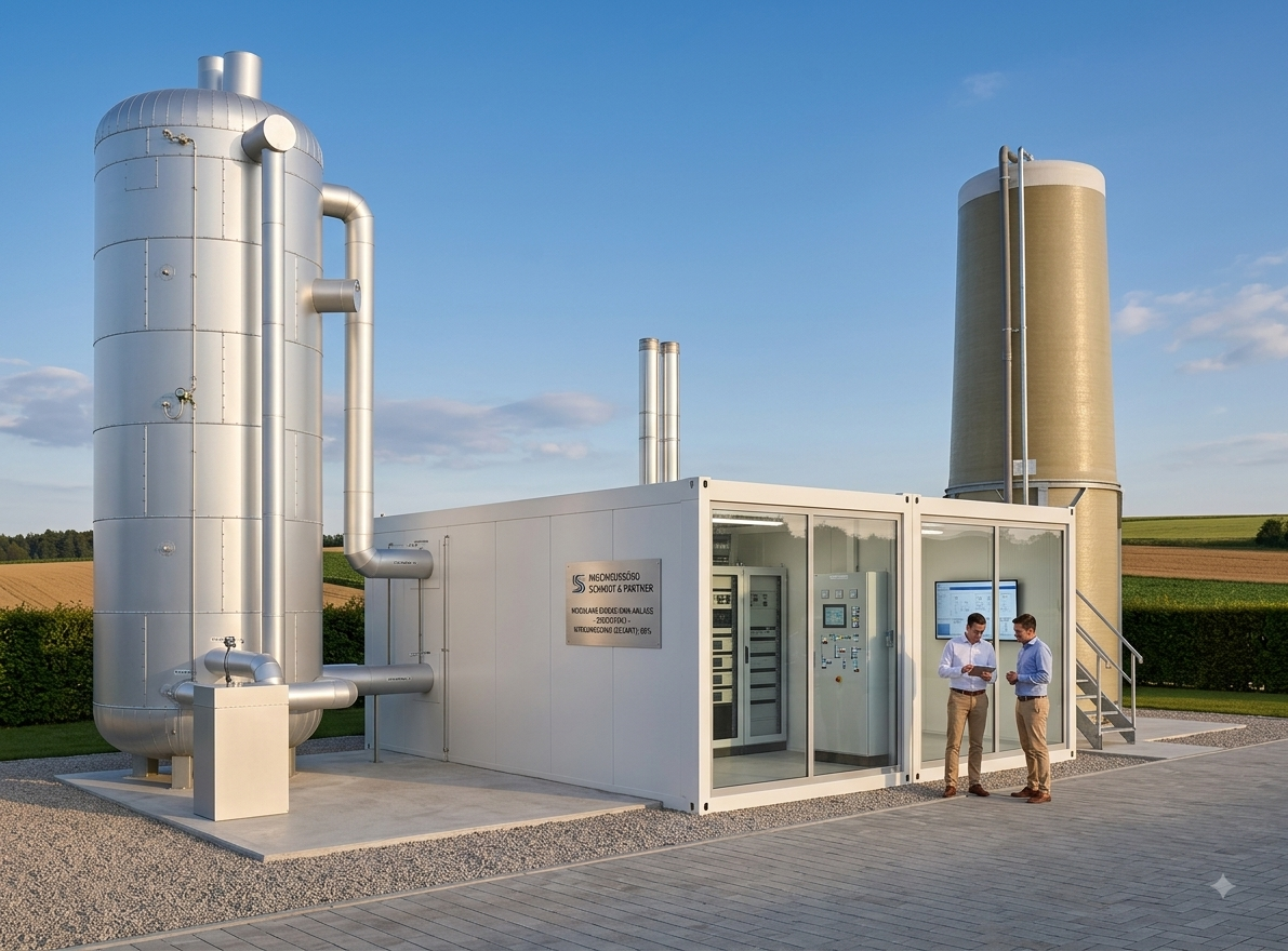 Zwei Männer im Gespräch vor einer technischen Anlage im Freien, bestehend aus großen silbernen und beige-grauen Rohren und Kontrollraum mit Glasscheiben und Monitoren, umgeben von Feldern und blauem Himmel.