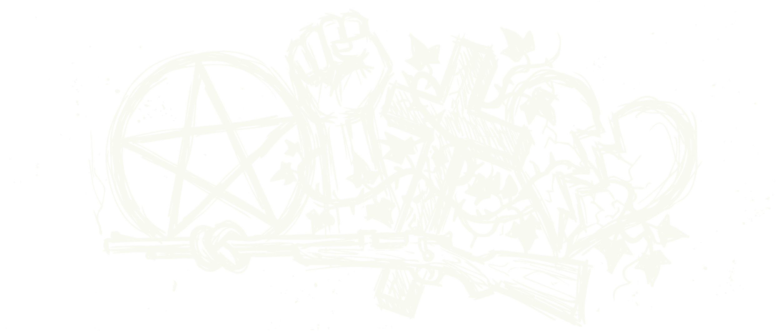 Graffiti art in grün auf schwarzem Hintergrund mit einem Pentagramm, einem Helikopter, einem handgefechteten Revolver und Sternen.
