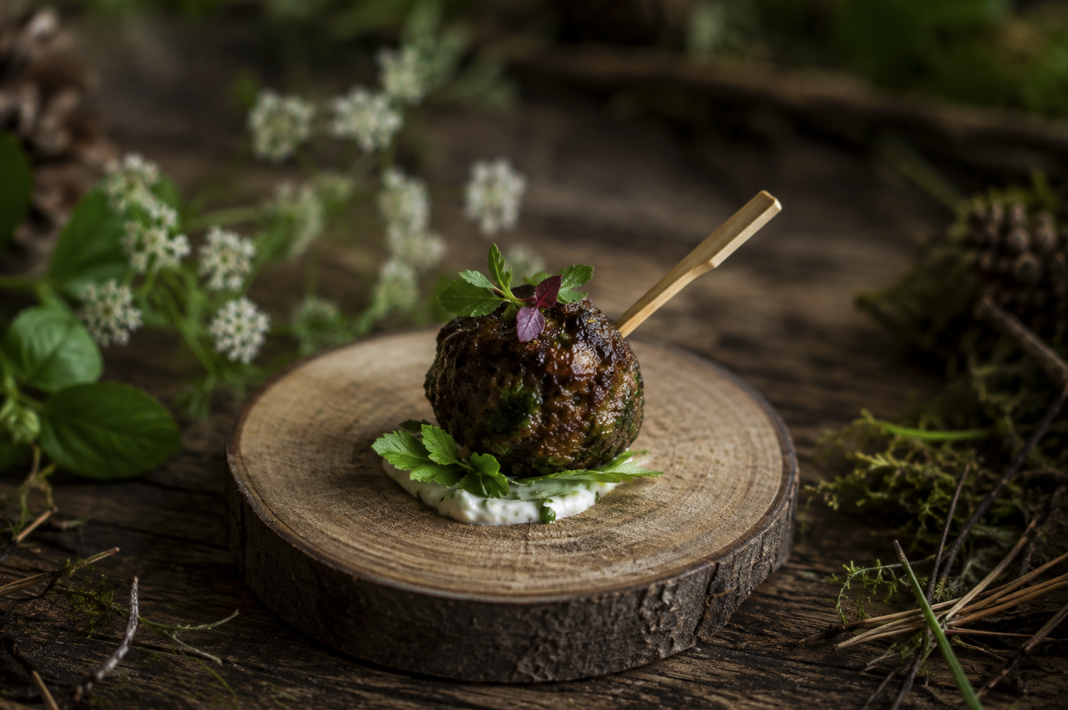 Frittierte Kugel auf Holzscheibe mit grünen Kräutern und cremiger Soße, dekoriert mit kleinen Blättern, in natürlicher Umgebung.