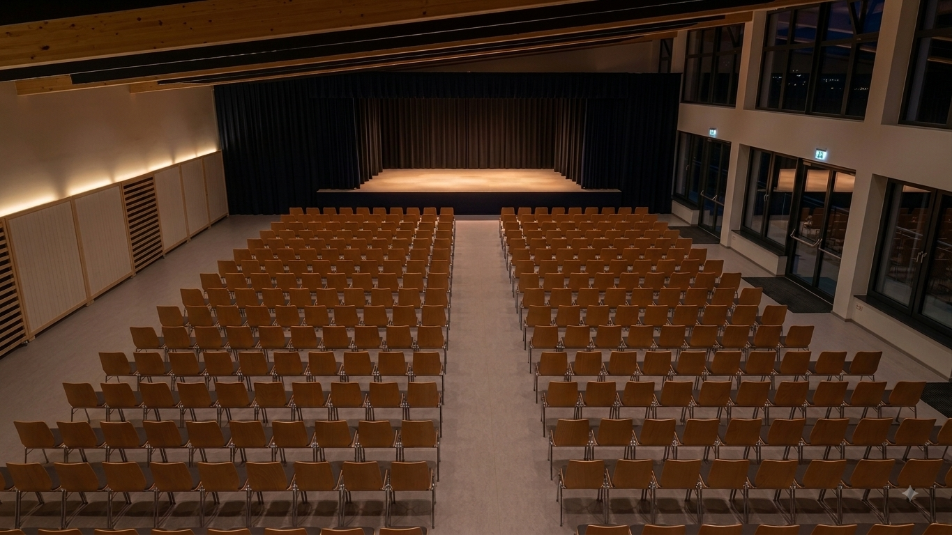 Leeres Auditorium mit Sitzreihen, einer Bühne und großen Fenstern.