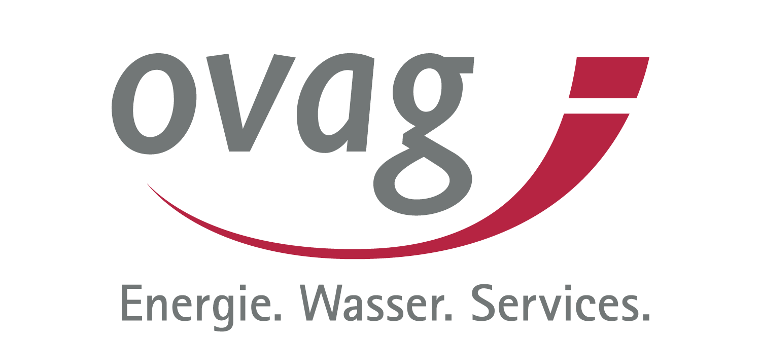 Logo mit dem Text "ovag" in Grau, einer roten Kurve und dem Slogan "Energie. Wasser. Services." in Grau