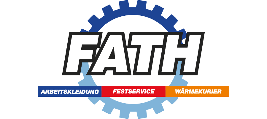 Logo mit dem Text "FATH" in großen Buchstaben, umgeben von einem blauen Zahnrad, darunter drei farbige Balken mit den Worten "Arbeitskleidung", "Festservice" und "Wärmekurier".