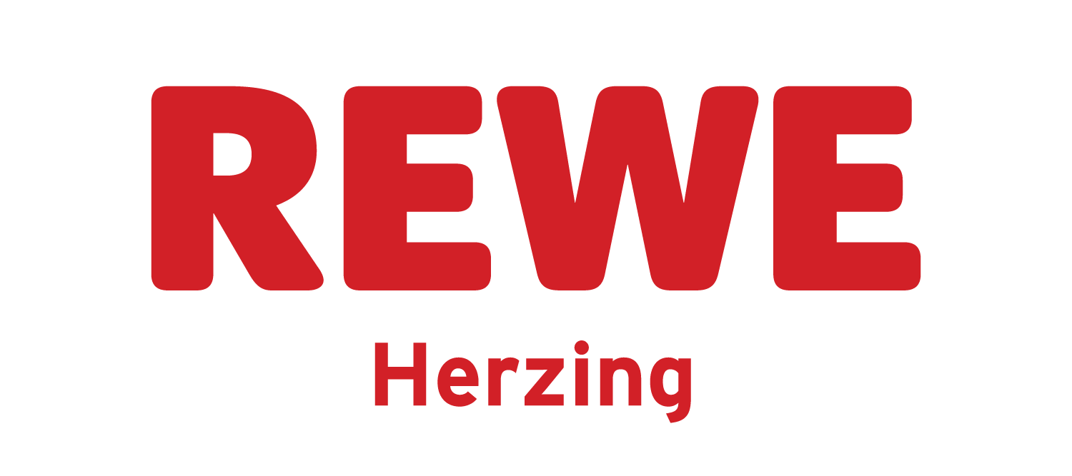 Das Logo der REWE Group mit dem Schriftzug 'REWE' in roter Schrift und darunter das Wort 'Herzling' in roter Schrift auf schwarzem Hintergrund.