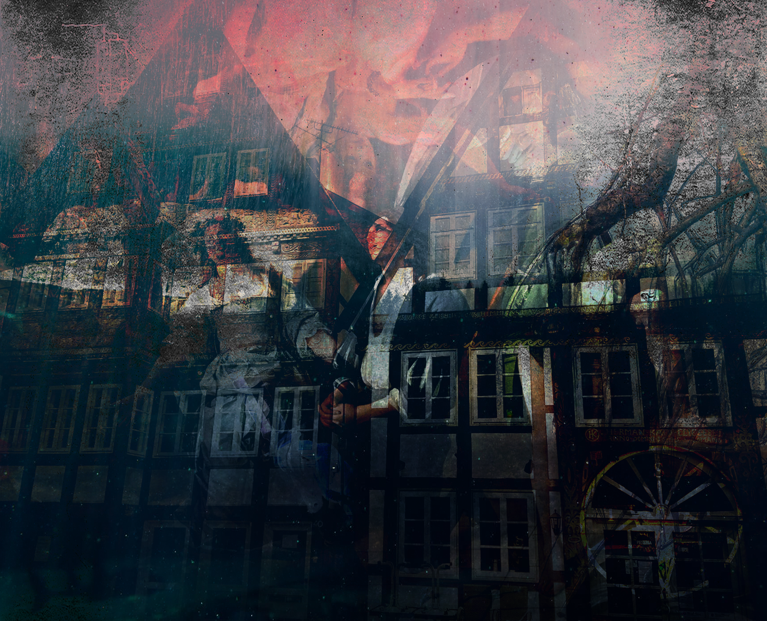 Ein brennendes Haus mit Flammen und Rauch, überlagert mit einer Häuserfront und einem Kinderkarussell im Vordergrund. Birsteiner Festspiele 2020: Pakt der Weiber