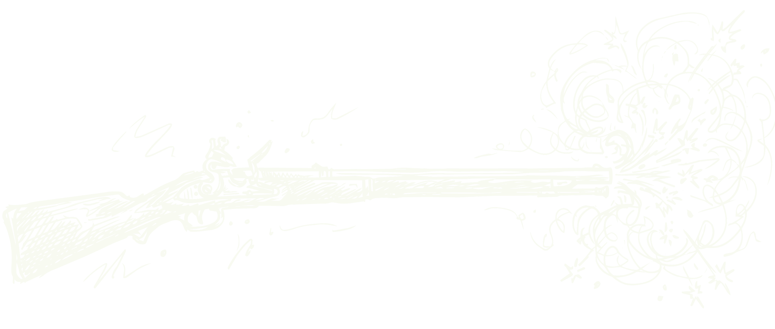 Eine Zeichnung eines Gewehrs, das einen Knall leistet, wobei Funken, Rauch und explosive Linien aus dem Lauf schießen.