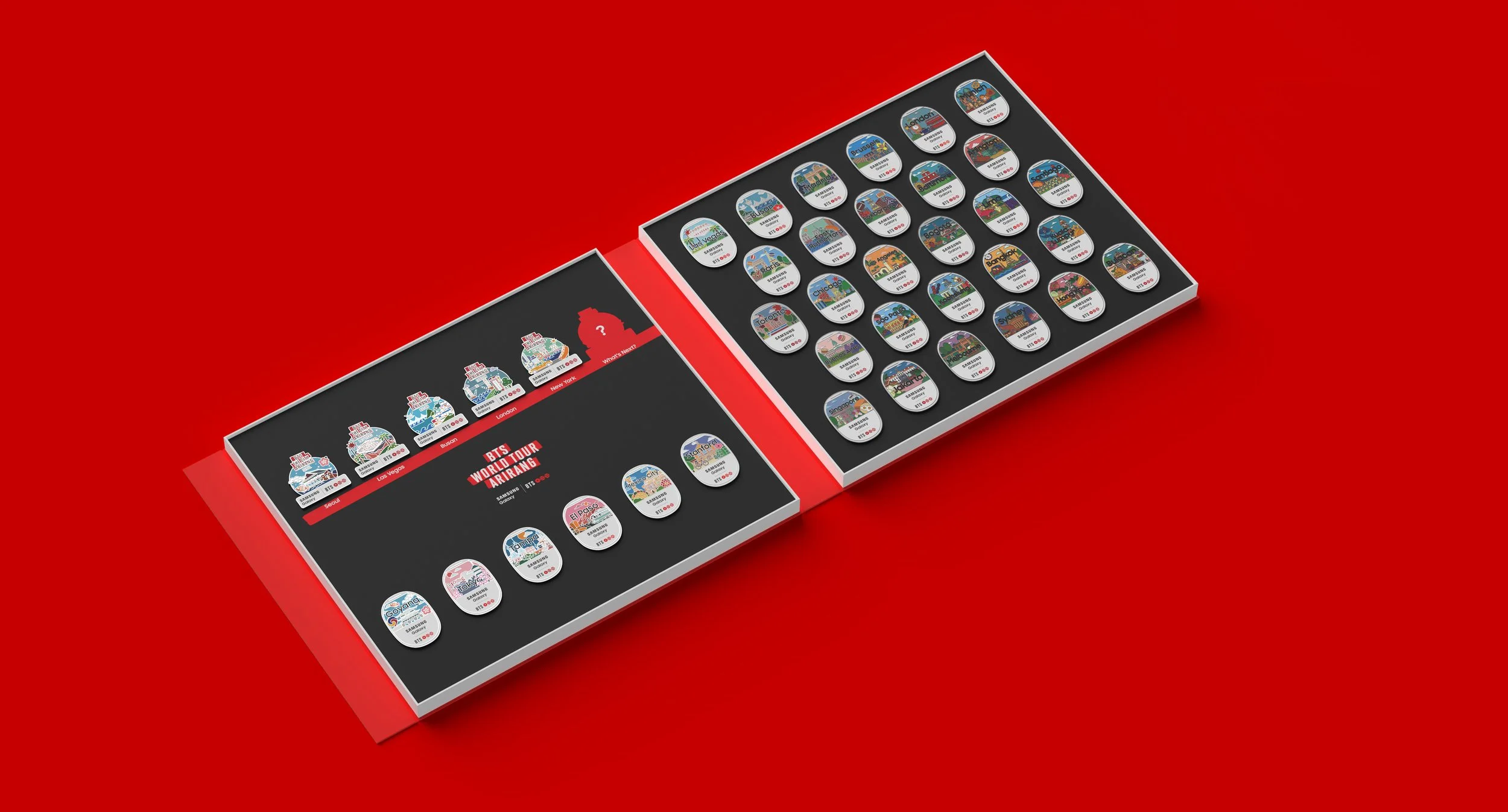 world-tour-pins-detail World Tour Pins in rows, including Chicago, Foxborough, Brussels and Bogota. 줄지어 놓인 월드투어 핀. 시카고, 폭스버러, 브뤼셀, 보고타 등.