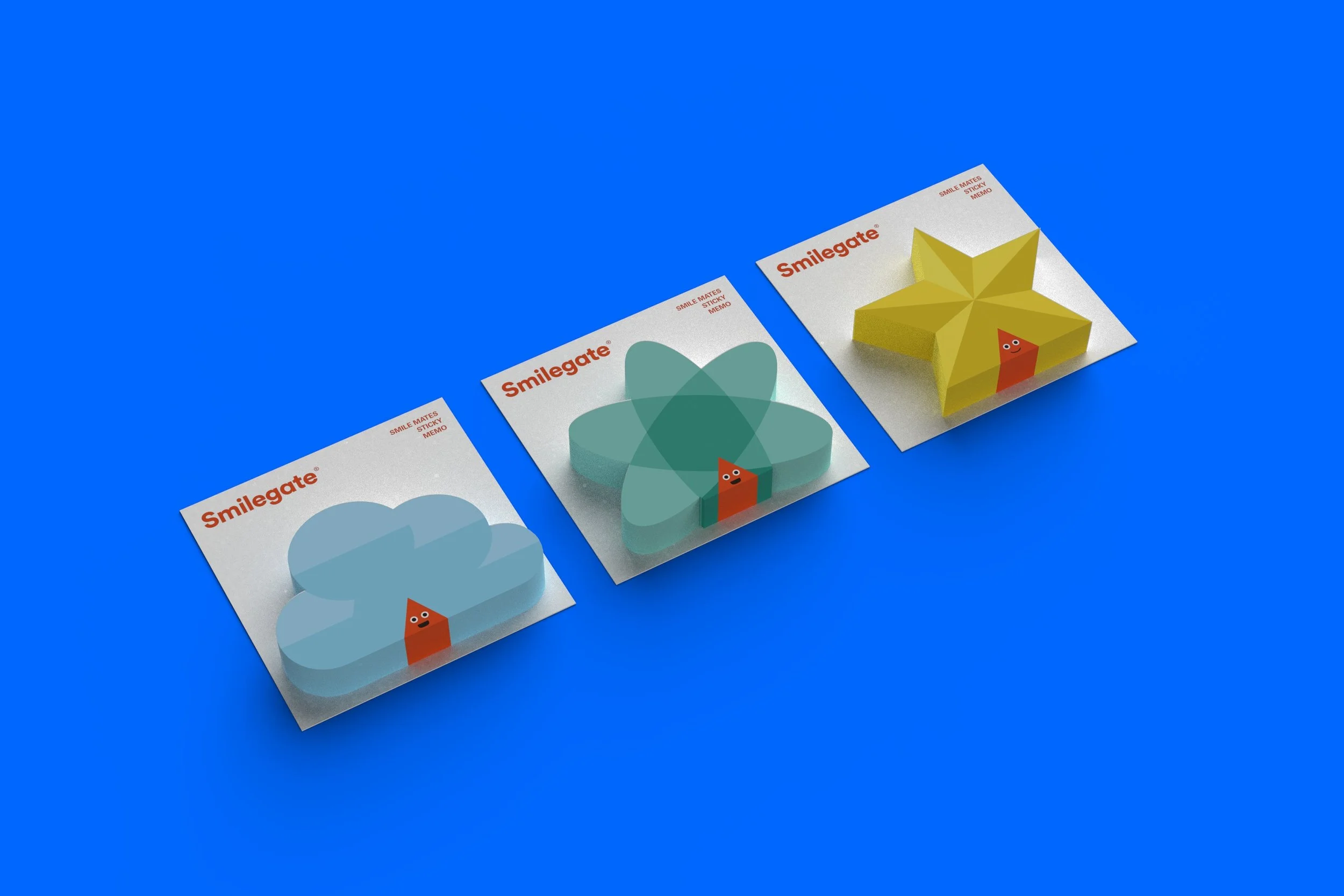 Custom-molded 3D sticky notes and brand goods system for Smilegate's creative DNA. 스마일게이트 그래픽 아이덴티티를 3D 오브제로 구현한 커스텀 몰딩 포스트잇 및 브랜드 굿즈 시스템 제작.