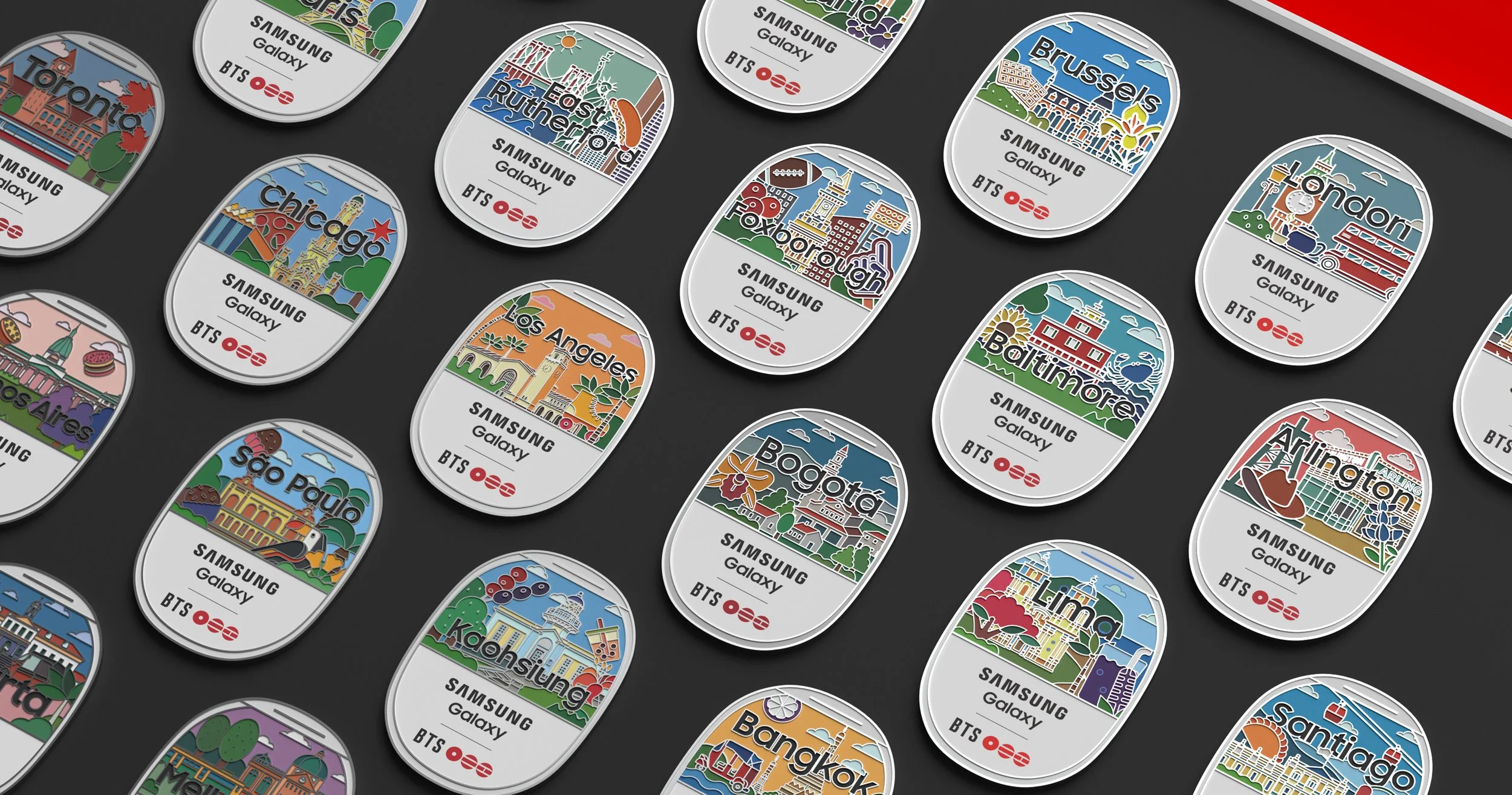 World Tour Pins in rows, including Chicago, Foxborough, Brussels and Bogota. 줄지어 놓인 월드투어 핀. 시카고, 폭스버러, 브뤼셀, 보고타 등.