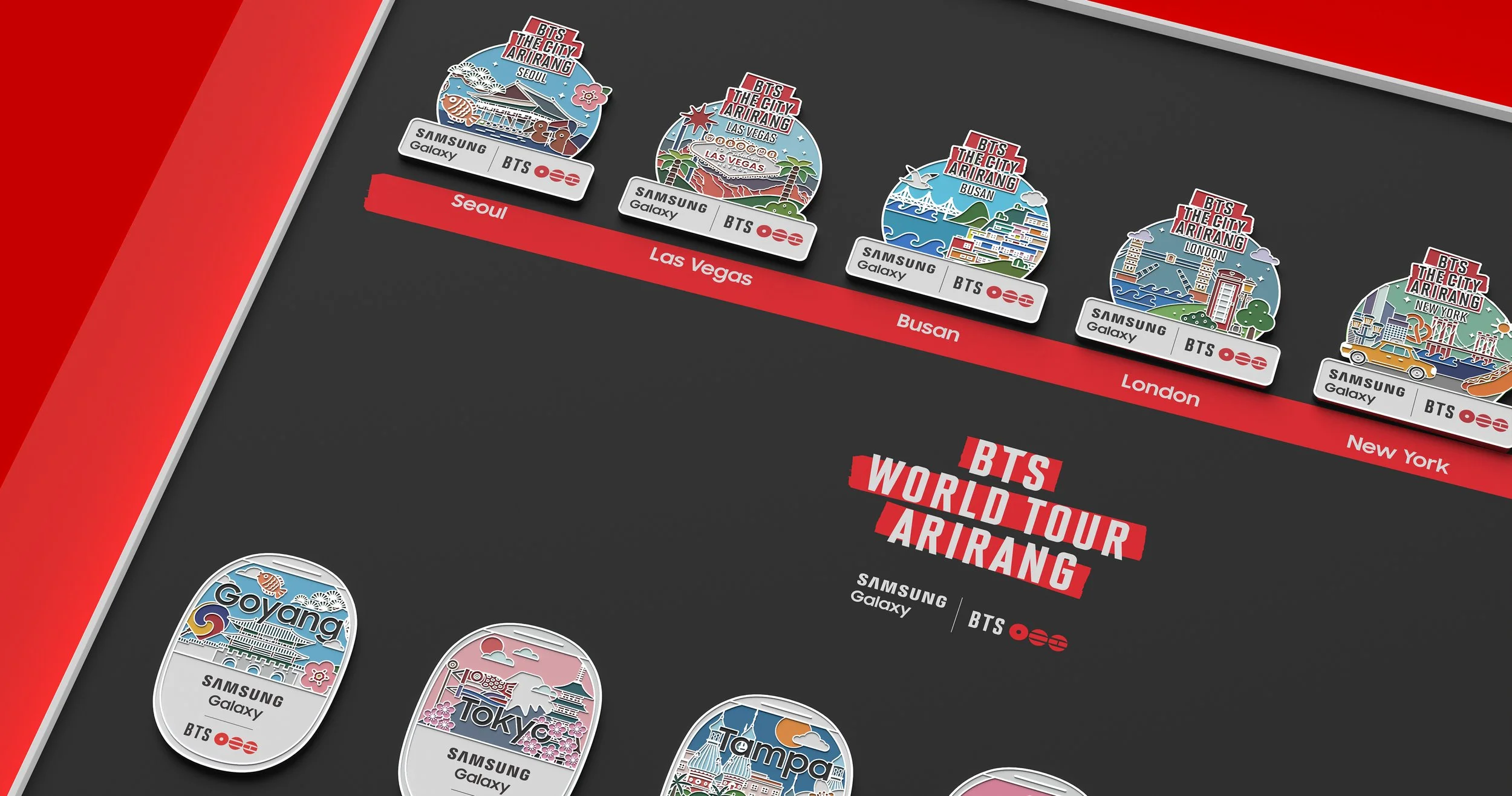 the-city-pins-detail The City Pins for Seoul, Las Vegas, Busan, London and New York on a red labelled bar. 빨간 라벨 바 위의 서울·라스베이거스·부산·런던·뉴욕 더 시티 핀.