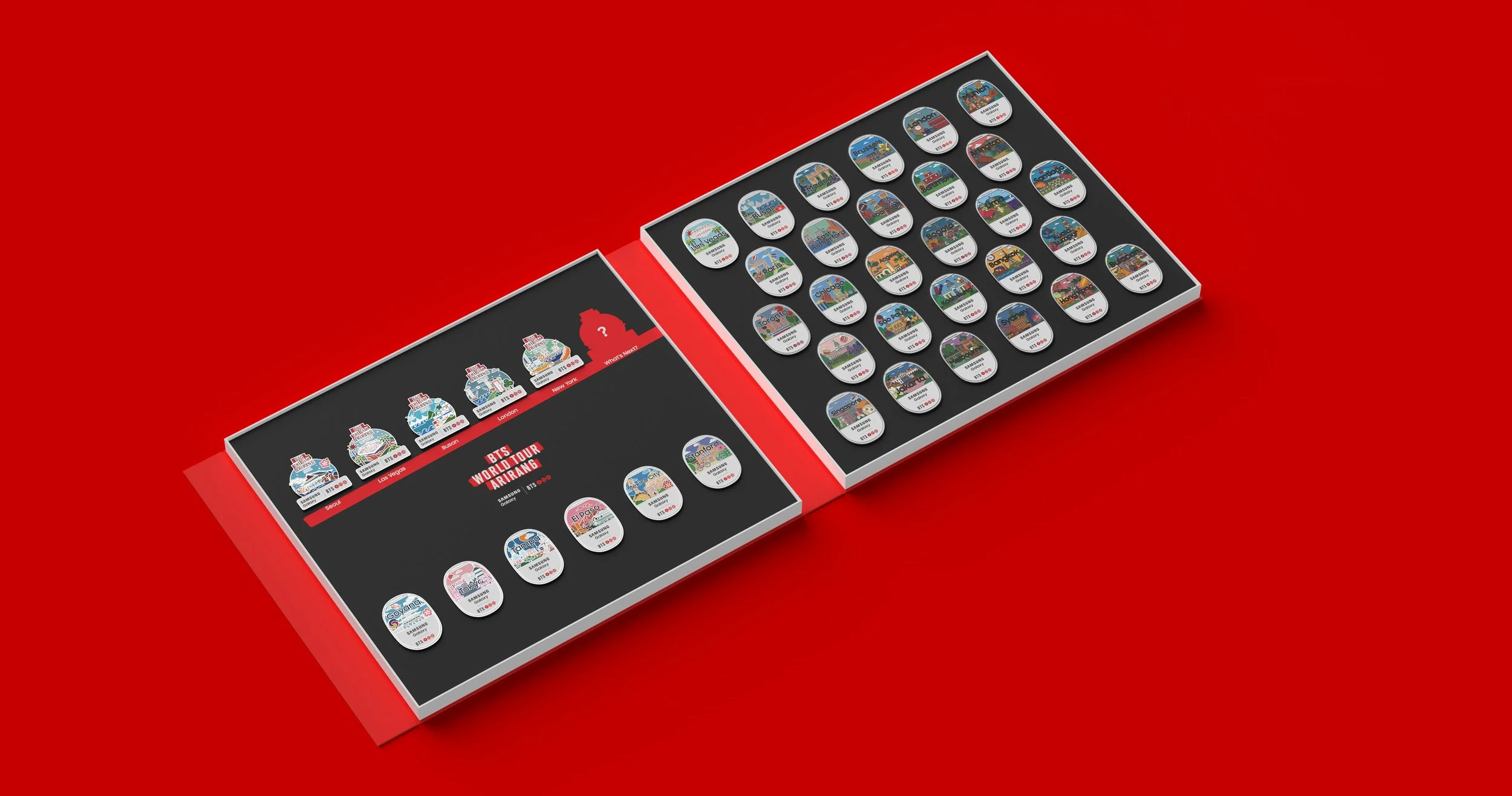 Samsung Galaxy BTS WORLD TOUR 'ARIRANG' pin collection designed by KimShin, shown open with The City Pins on the left panel and the World Tour Pins across the right. KimShin이 디자인한 삼성전자 갤럭시 BTS 월드투어 아리랑 핀 컬렉션. 펼친 패키지 왼쪽에 더 시티핀, 오른쪽에 월드투어 핀이 배치되어 있습니다.