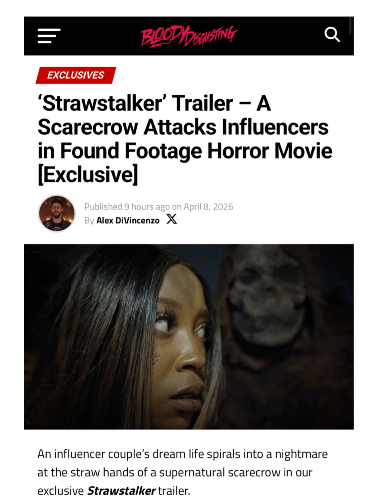 Hey everyone! We got a feature on Bloody Disgusting for our campy little scarecrow flick 👀🌾

Our Strawstalker trailer&rsquo;s up over there if you fancy a watch. Link in bio! 

Have a spooky hump day!