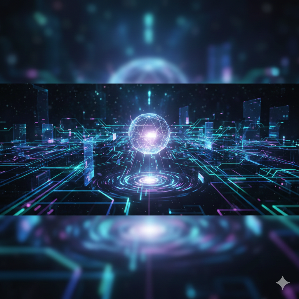 Futuristische digitale Welt mit holographischem globalem Netzwerk und leuchtender Globen in der Mitte.