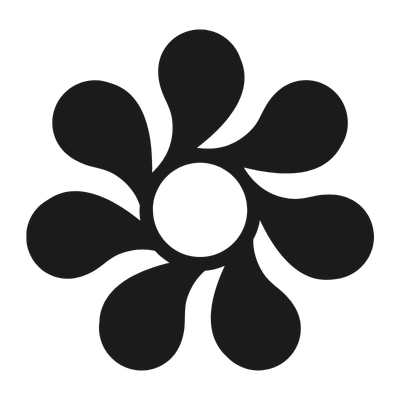 A black and white abstract floral design with a central circular shape surrounded by petal-like shapes.