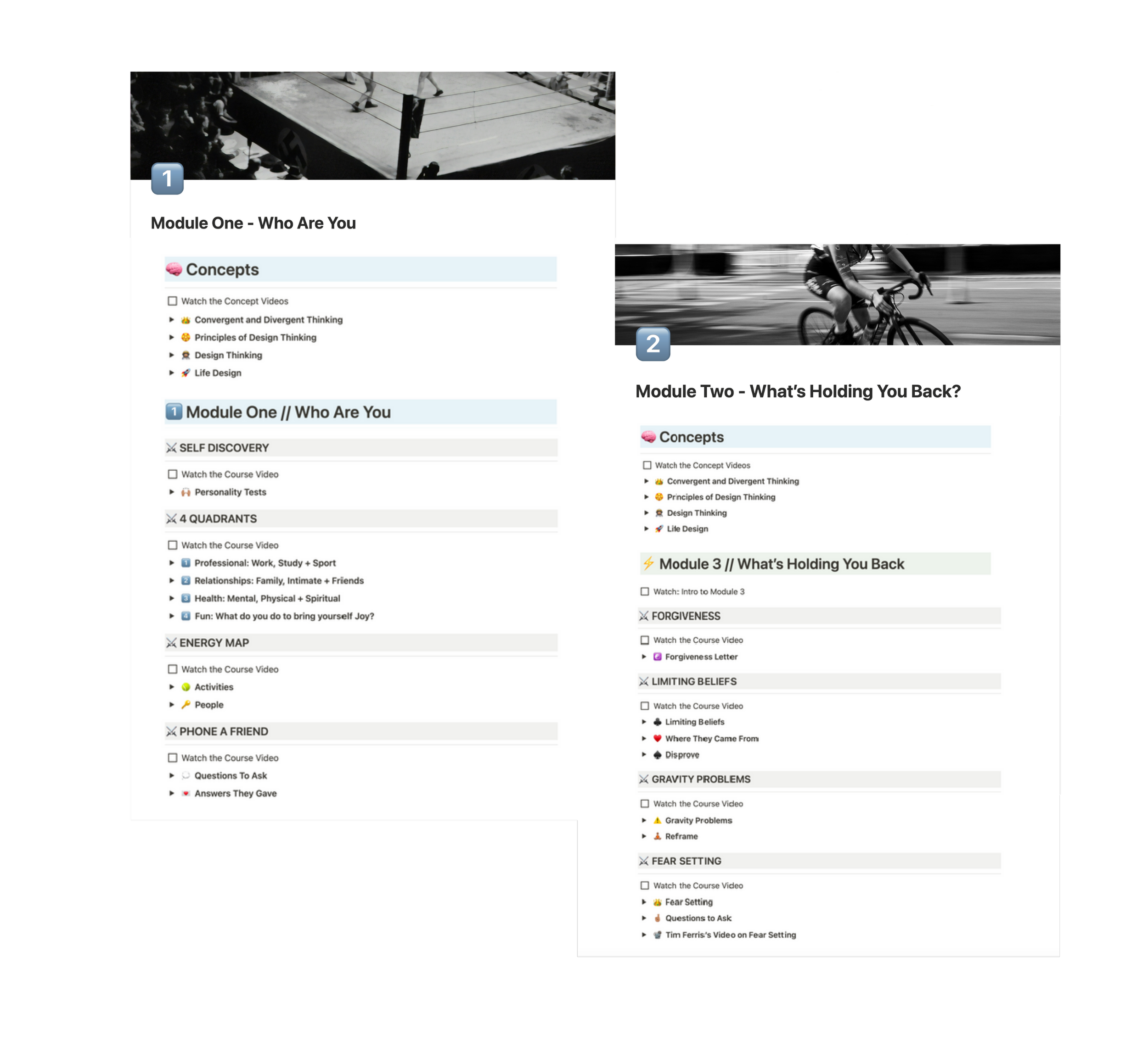 Screenshot of an online course curriculum with two modules, discussing concepts like design thinking and personal growth, featuring video sections, quizzes, and activity lists.