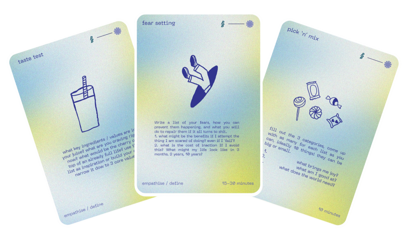 Three colorful cards with blue, green, and yellow gradient backgrounds, each featuring a different activity or prompt in simple line drawings and text.