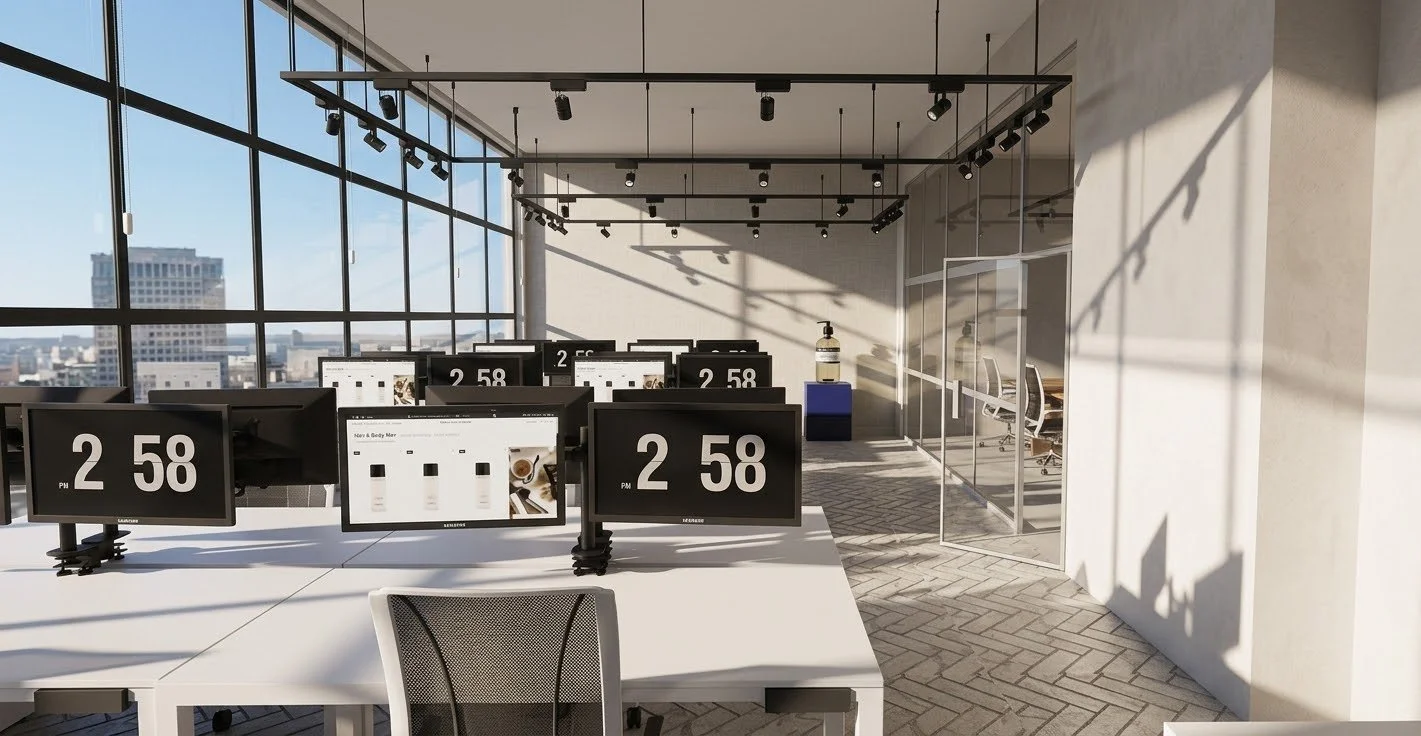 An office with multiple computer monitors on white desks, each displaying black and white clocks showing 2:58 PM. The room has large floor-to-ceiling windows, a patterned carpet, and ceiling-mounted track lighting. There is a glass-walled meeting room to the right, with sunlight casting shadows.