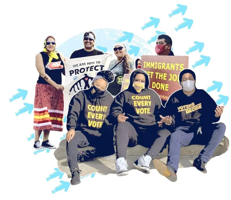 People participating in a rally or protest, holding signs advocating for voting rights and immigrant protection, with some wearing face masks, sitting on a couch with a background of blue arrows and a stylized globe.