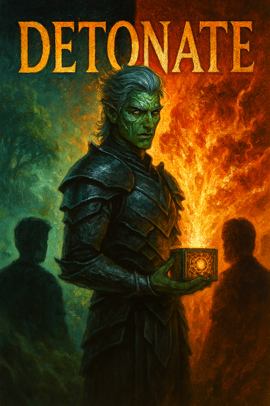 A fantasy-style character with green skin and silver hair, dressed in black armor, standing in front of a fiery explosion. The word 'DETONATE' is at the top of the image, and the character is holding a glowing, rune-covered box.