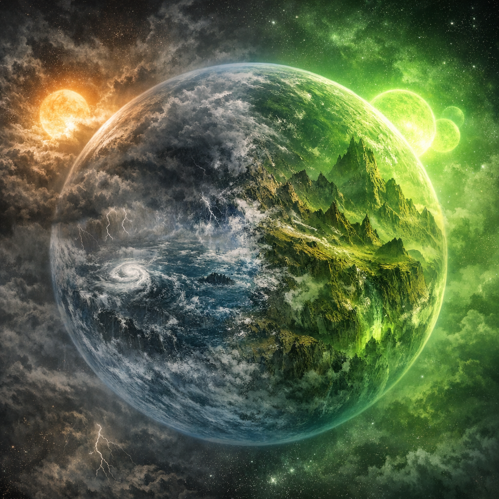 A surreal depiction of a planet with different environments: one side with stormy clouds and a cyclone, and the other side with lush green mountainous terrain, against a space background with planets, stars, and thunderstorms.