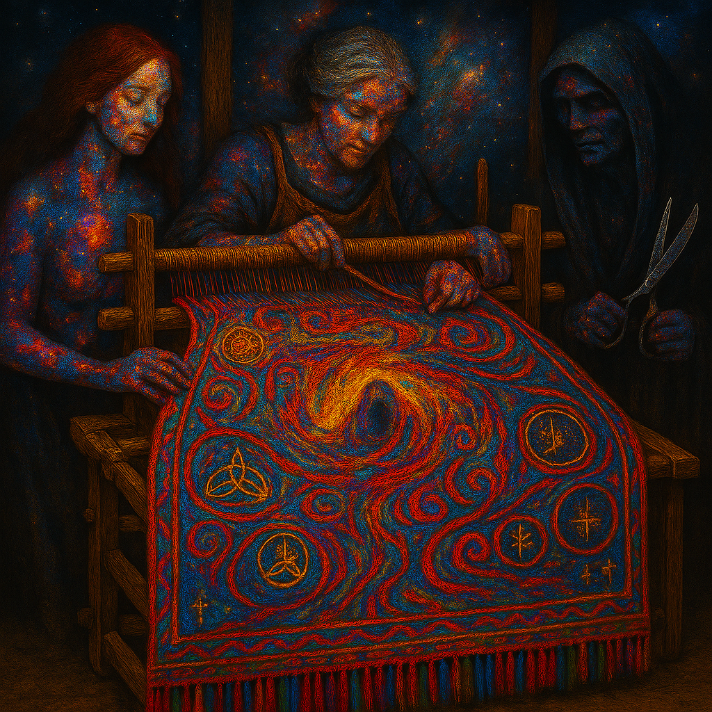 Three women and a hooded man around a loom with a vibrant, swirling tapestry featuring celestial symbols, with themes of artistry and imagination.