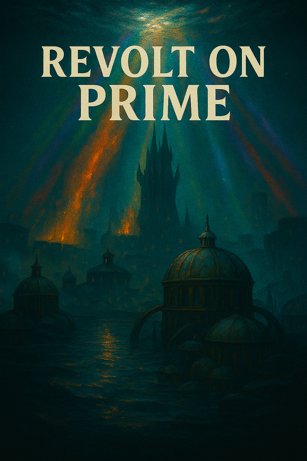 Dark fantasy cityscape with domed buildings and a tall castle in the background, with colorful light streaks and the text 'Revolt on Prime' in the center.