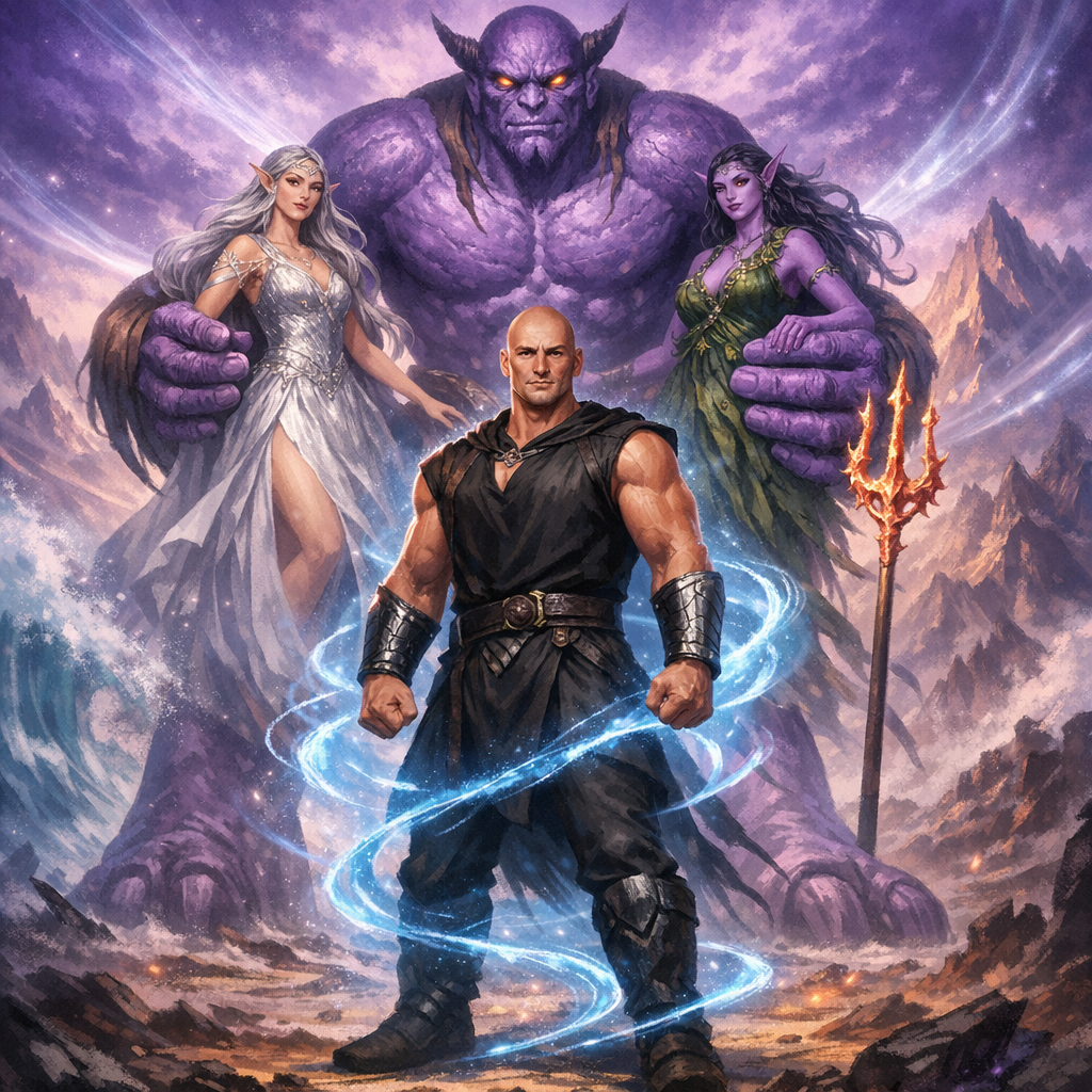 A fantasy scene featuring muscular warrior wielding a glowing staff with flames, standing in front of a giant purple ogre with glowing eyes, and two elegant female elves with pointed ears, one in a white dress and the other in green, set against a mountainous landscape with magical lighting.