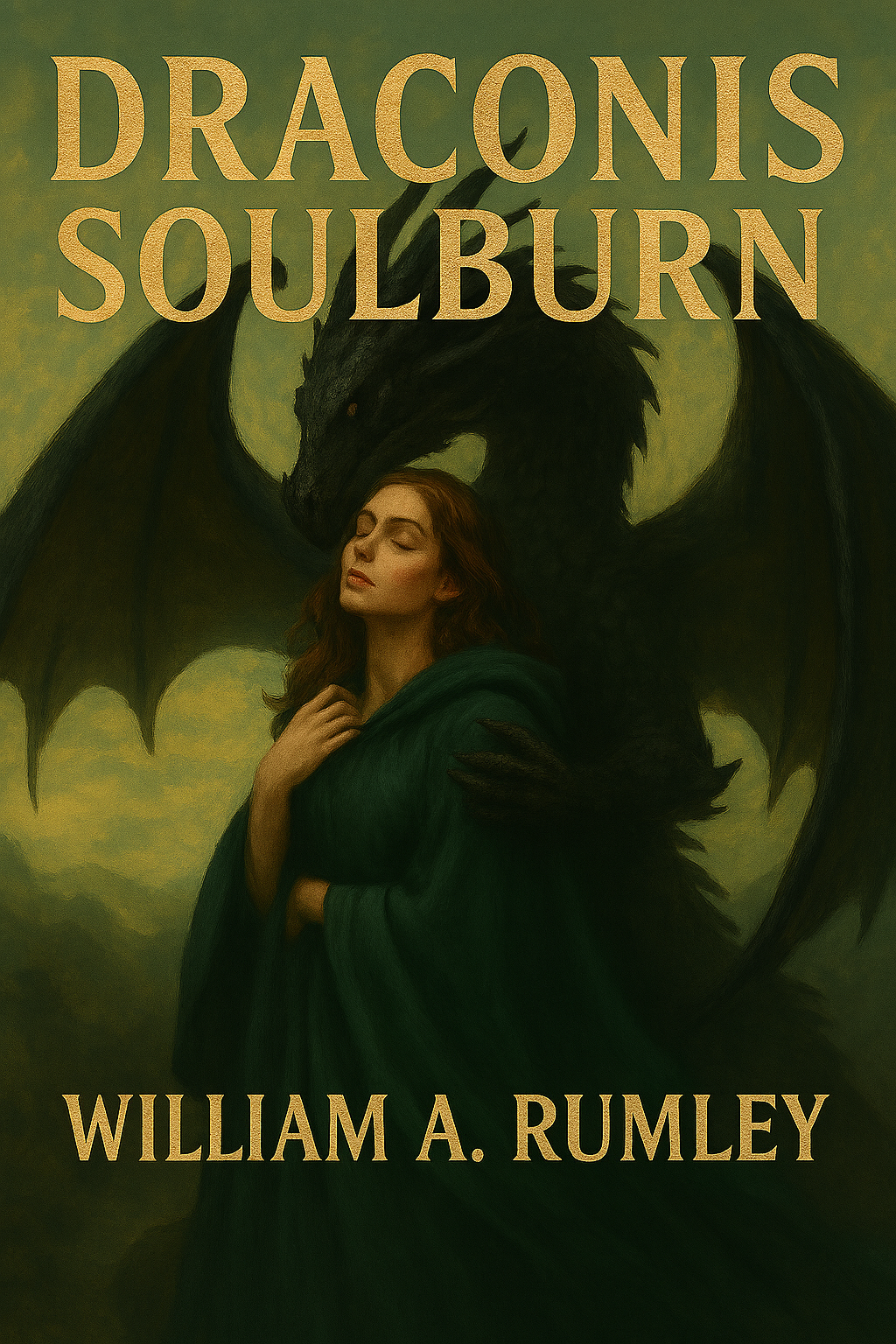 Book cover of 'Draconis Soulburn' by William A. Rumley, featuring a woman with long red hair in a green cloak and a large, black dragon behind her with wings spread, set against a cloudy green background.