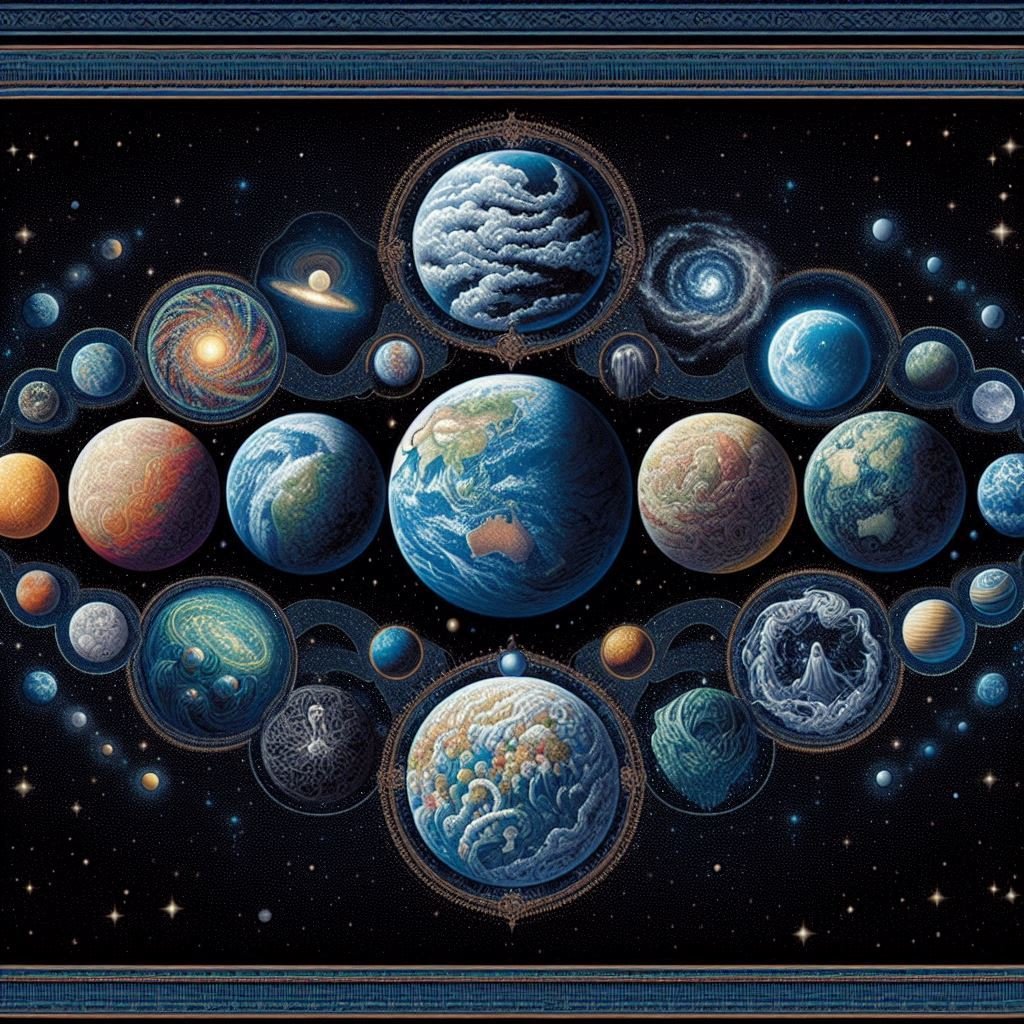 Galactic artwork featuring multiple planets, including Earth, arranged in a cosmic scene with stars, spirals, and abstract space patterns.