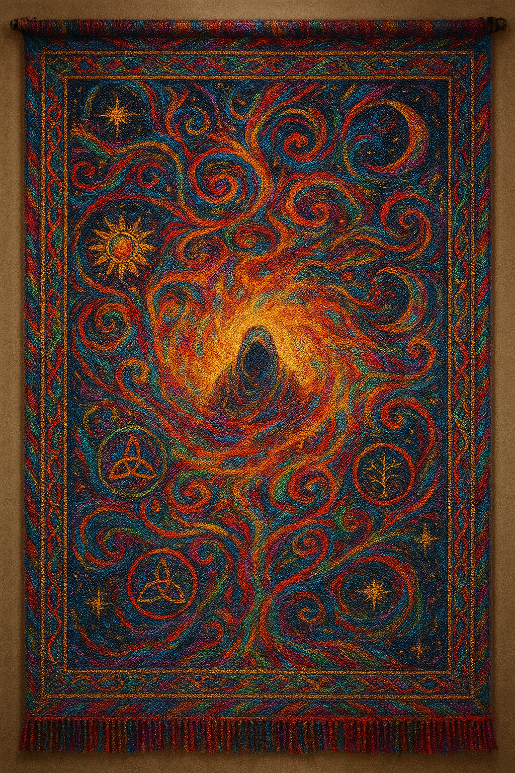 Colorful tapestry inspired by Van Gogh's Starry Night, featuring swirling patterns, stars, a tree, and symbolic runes.