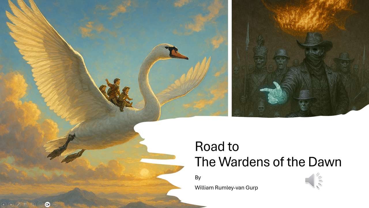 An illustration of a large flying white swan with children riding on its back against a sunset sky, with a dark, ominous background showing shadowy figures wearing masks and hats, and text reading "Road to The Wardens of the Dawn" by William Rumley-van Gurp.