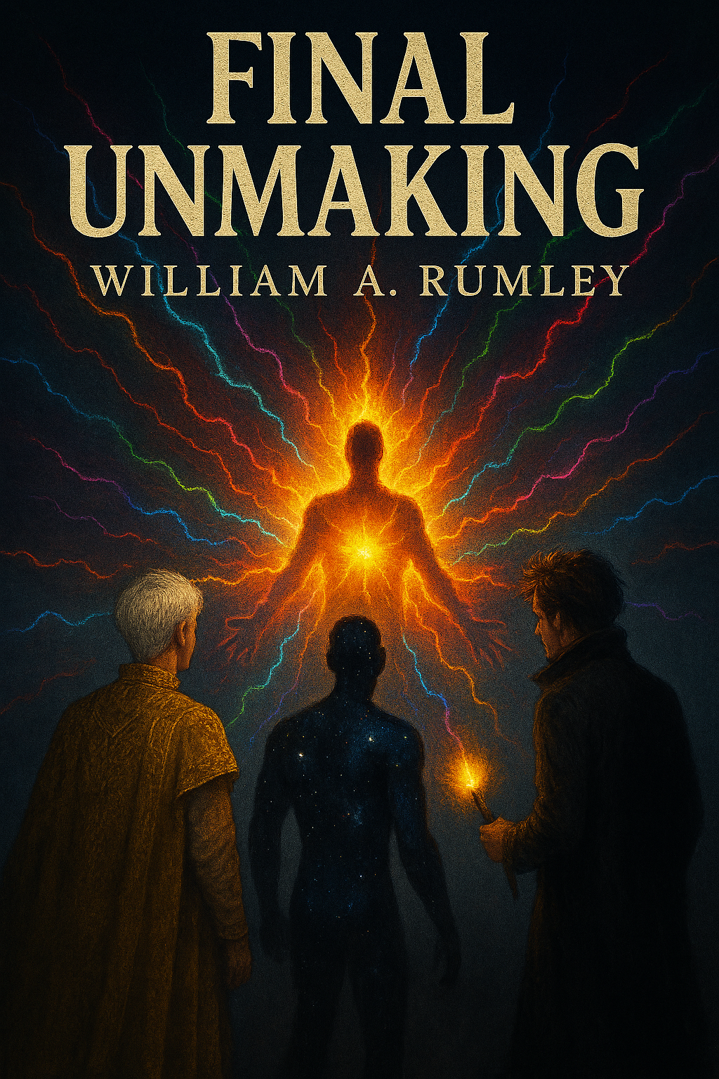 Book cover for 'Final Unmaking' by William A. Rumley, featuring three characters looking at a glowing figure with colorful energetic lines emanating from it.