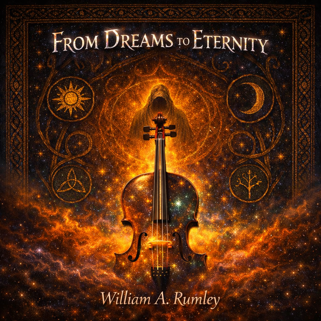 The cover of a book titled 'From Dreams to Eternity' by William A. Rumley features a glowing violin at the center, surrounded by a cosmic background of stars and nebulae. Above the violin, a hooded figure is depicted with a glowing aura. The border includes alchemical and astrological symbols, and the overall theme blends music, mysticism, and the universe.