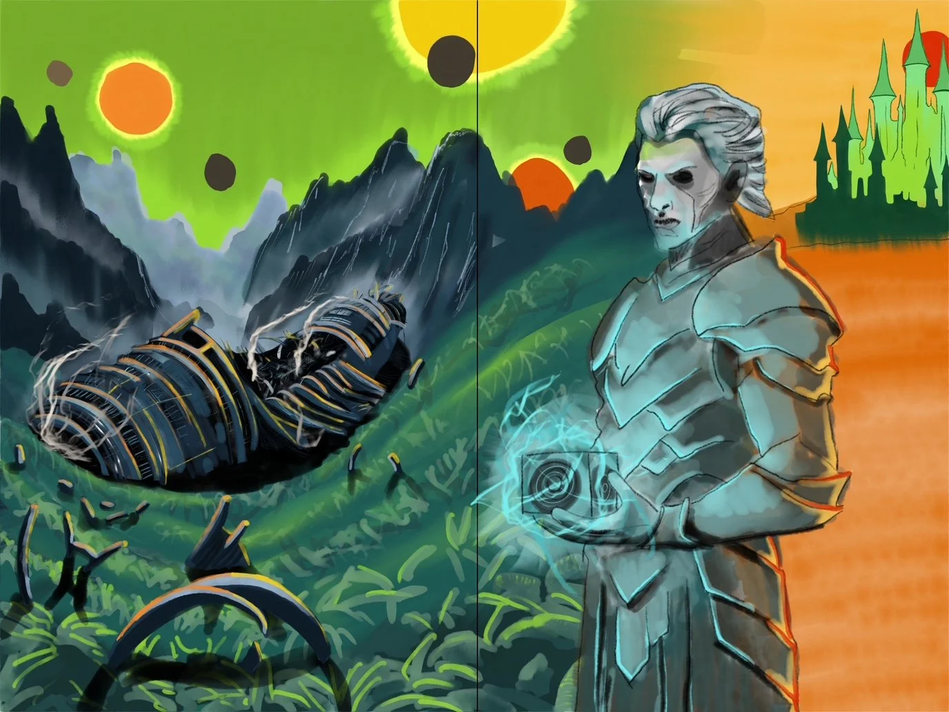 The image is divided into two halves with different scenes. The left side shows a dark, mountainous landscape with a large, spiraled futuristic train crashing into the mountains, surrounded by smoke and debris under a greenish sky with a bright yellow sun and other celestial bodies. The right side depicts a stern, armored woman with silver hair holding a glowing device, standing in front of a green and orange landscape with a castle in the background and a fiery sky.