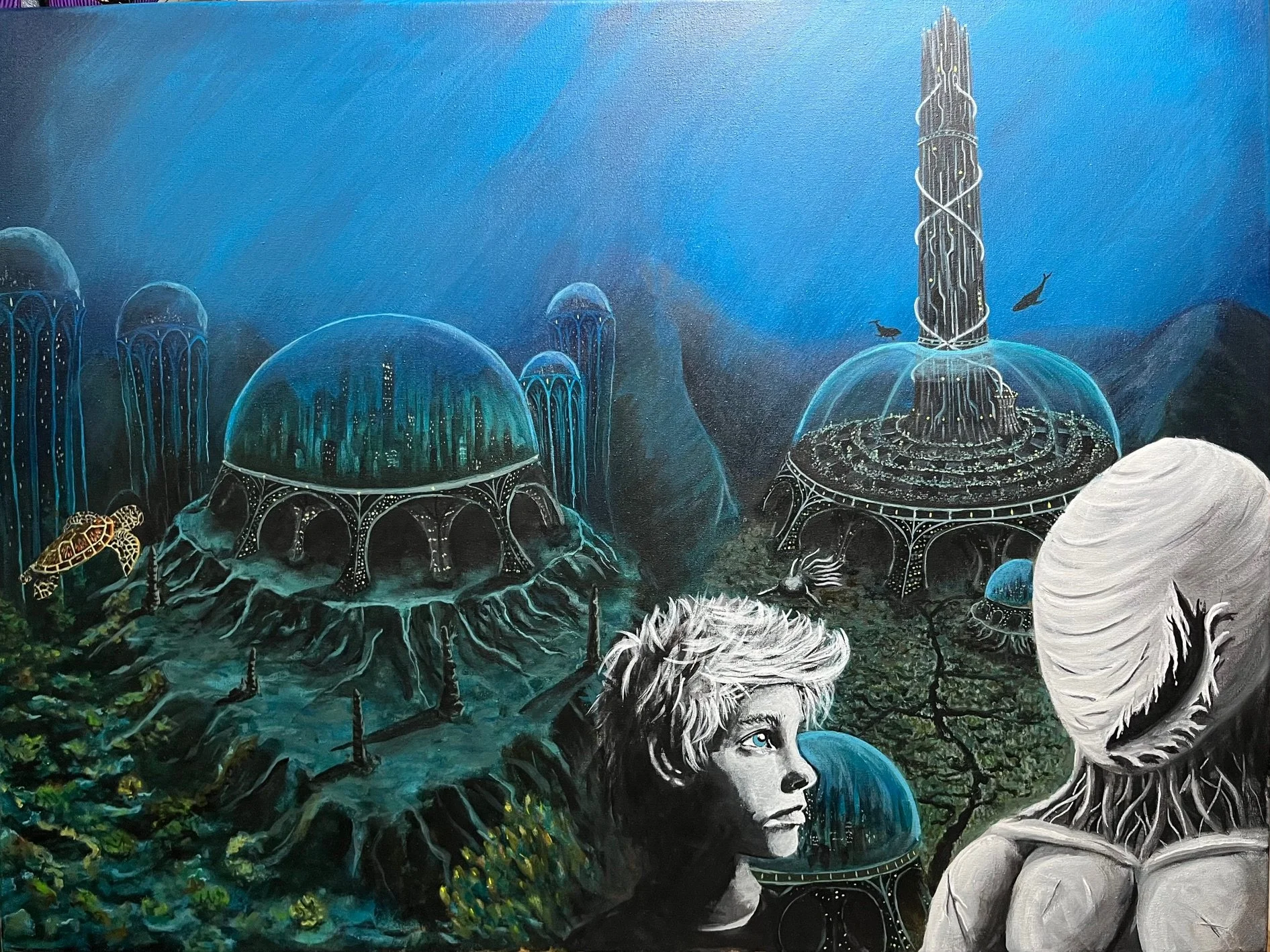 Futuristic underwater scene with domed buildings, a monk seal, a human face with short hair, a woman with her back turned, sea creatures, and a tall tower, all under deep blue water.