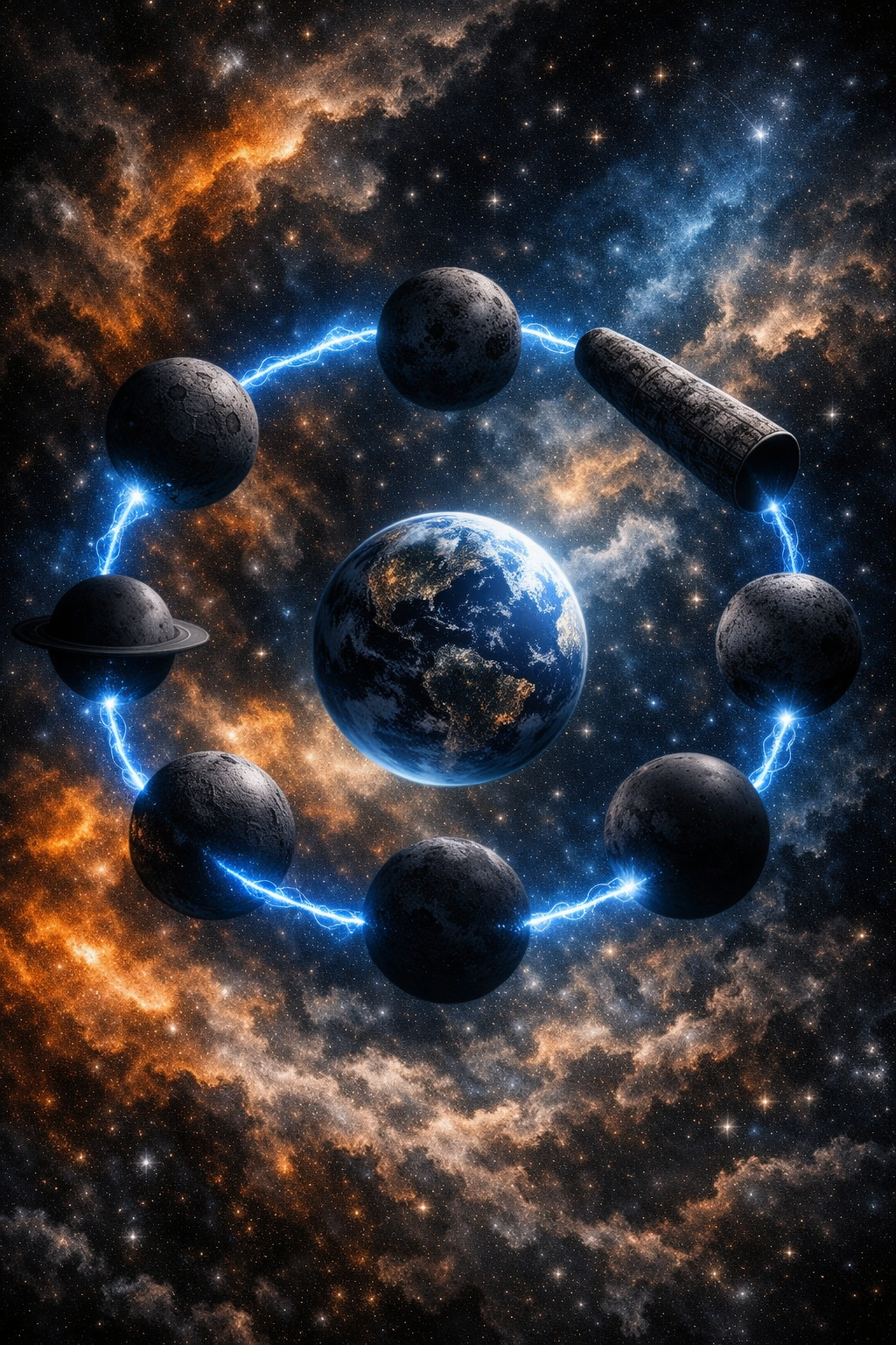 Artwork depicting Earth in the center surrounded by moons and planets connected by lightning in space with stars and nebulae.