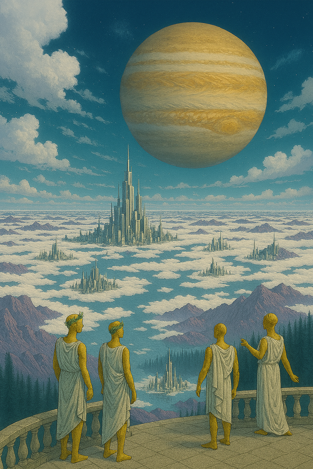 An illustration of four ancient Greek philosophers or scholars in togas, standing on a balcony overlooking a futuristic city with tall, spire-like buildings. The city floats above clouds and is beneath a large planet in the sky that resembles Jupiter. The scene combines classical and science fiction elements.