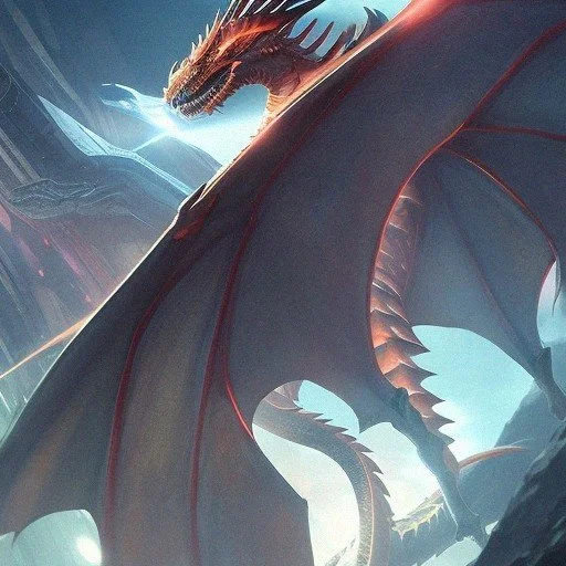 A fierce red and orange dragon with large wings in a fantasy landscape.