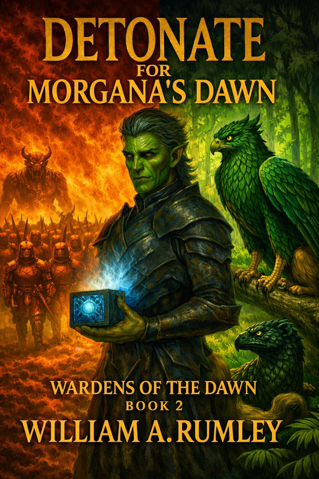 Book cover titled 'Detonate for Morgana's Dawn' by William A. Rumley. The cover features an elven man with green skin, long gray hair, and pointed ears, holding a glowing blue orb. Behind him are fantasy characters, including a large demonic figure with horns and a formation of armored soldiers, set against a background of fire on the left and lush green forest on the right.